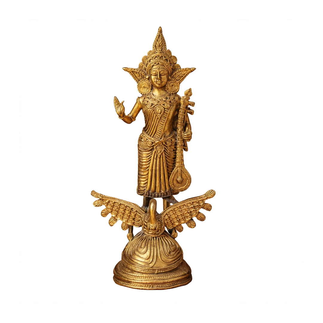 Dhokra Goddess Saraswati with Veena and Swan Base