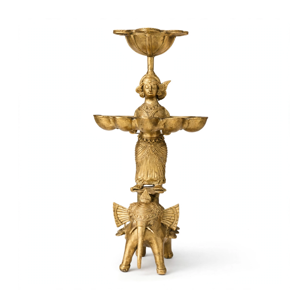 Dhokra Tribal Lady Oil Lamp with Elephant Base
